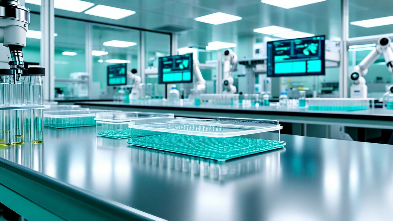 laboratory bench with assay plates and computational screens in background